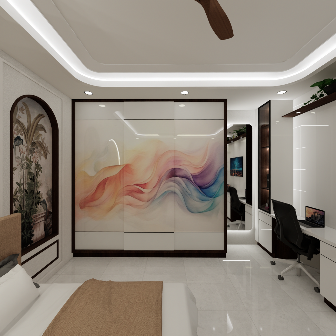 modern bedroom with stylish sliding wardrobe