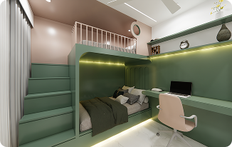 Modern kitchen interior design in Hyderabad with green cabinets and workspace setup