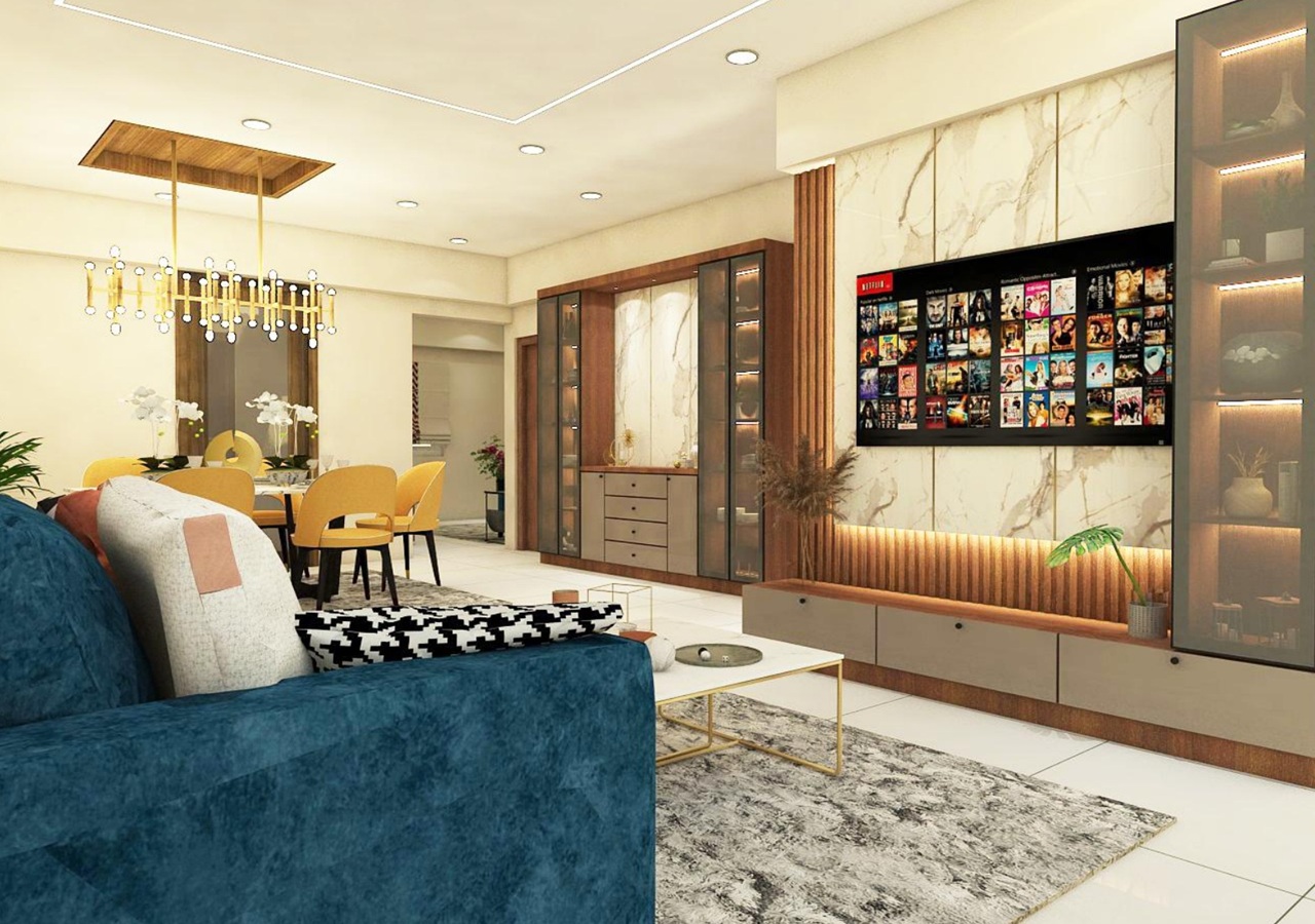 living room interior design with tv unit